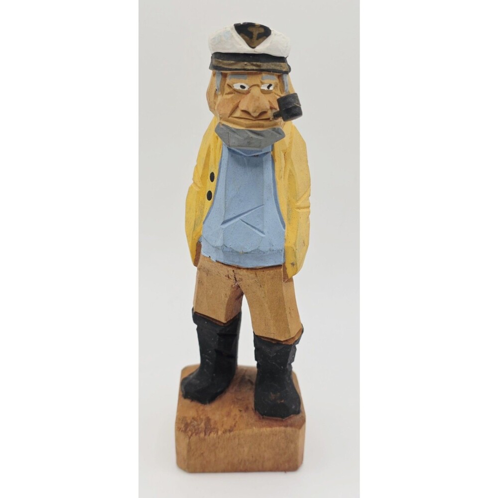 Vintage Sea Captain Fisherman Figurine Carved Wood Folk Art 6” Nautical Decor